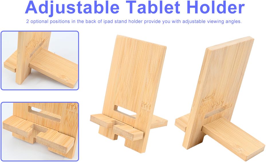 Wooden adjustable tablet holder with multiple viewing angles, showing assembled and folded configurations.