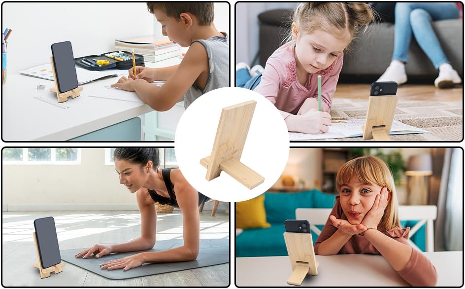 Wooden tablet stand shown in use across four scenarios: supporting a tablet for adults and children in various positions for reading and writing.