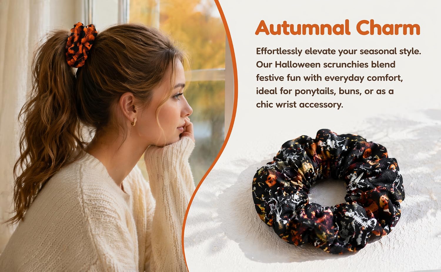 Text reads 'Autumnal Charm, Effortlessly elevate your seasonal style with this luxe velvet scrunchie, a luxe feel with everyday comfort. Ideal for ponytails, buns, or a chic wrist accessory.' Woman wearing cream sweater with navy velvet scrunchie.