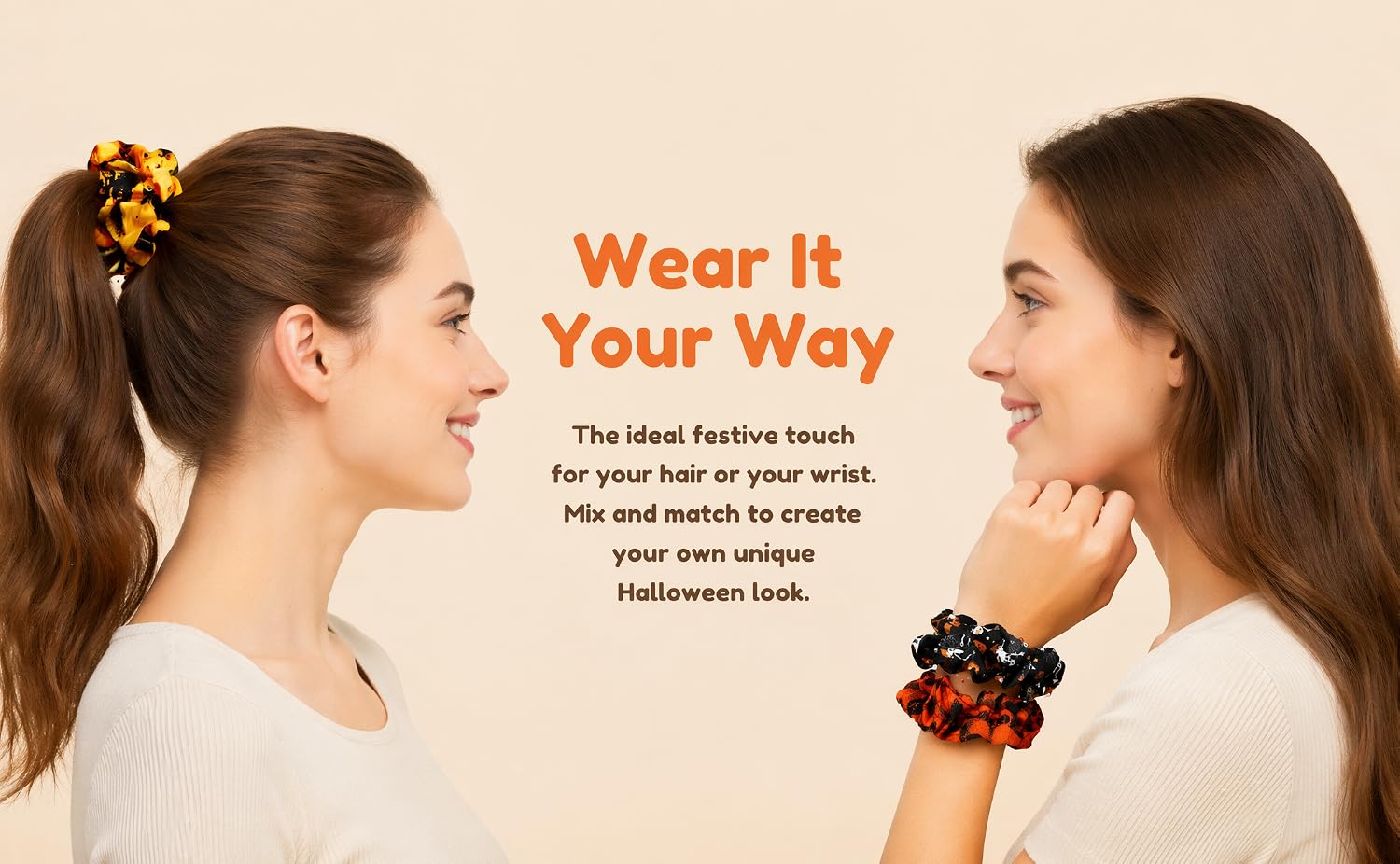 Text reads 'Wear It Your Way' with tagline 'The bead leather touch. For your hair or your wrist. Mix and match to create your own unique style.' Two women displaying beaded hair accessory and matching beaded bracelet in gold and burgundy tones.