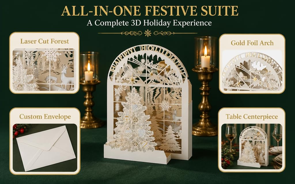 Text reads 'ALL-IN-ONE FESTIVE SUITE - A Complete 3D Holiday Experience' with labels 'Laser Cut Forest', 'Gold Foil Arch', 'Cardstock Backdrops', 'Table Centerpieces'. Display shows holiday-themed 3D paper craft decorations with gold accents on dark green background.