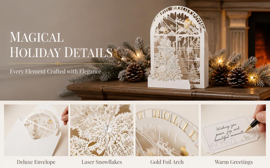 Text reads 'MAGICAL HOLIDAY DETAILS' and feature labels 'Delicate Envelope', 'Laser Detailsllce', 'Gold Foil Ants', 'Warm Greetings'. Elegant white decorative holiday items displayed including envelope, ornaments, and detail samples showcasing festive embellishments.