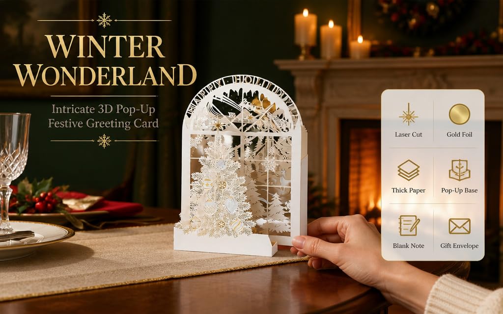 Text reads 'WINTER WONDERLAND' and 'Intricate 3D Pop-Up Festive Greeting Card' with product features shown: laser-cut, gold foil, thick paper, hand-assembled. Pop-up card displayed with winter scene on dark festive background.
