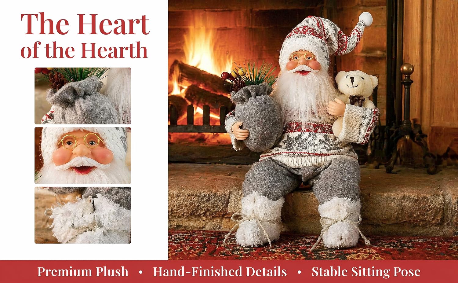 Text reads 'The Heart of the Hearth' with 'Premium Plush • Hand-Finished Details • Stable Sitting Pose' below. Grey decorative Santa figurine with white beard sitting by fireplace holding popcorn bowl.