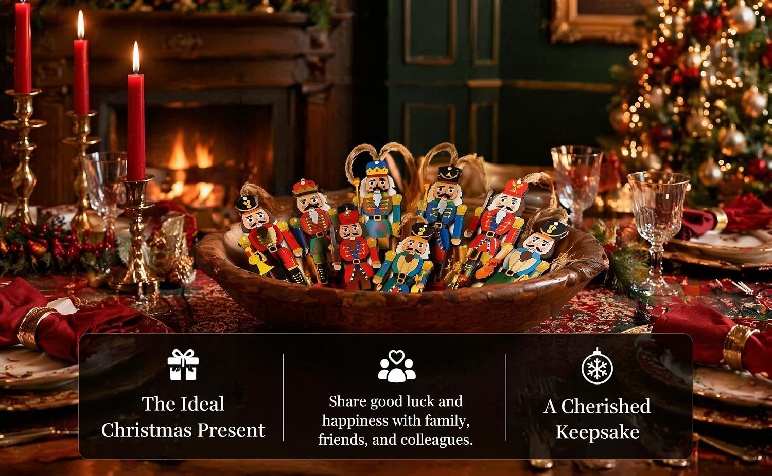 Text reads 'The ideal Christmas present', 'Some great tips and ideas to celebrate home and colleagues', 'A cherished keepsake'. Holiday-decorated tabletop display with lights, ornaments, and festive arrangements.