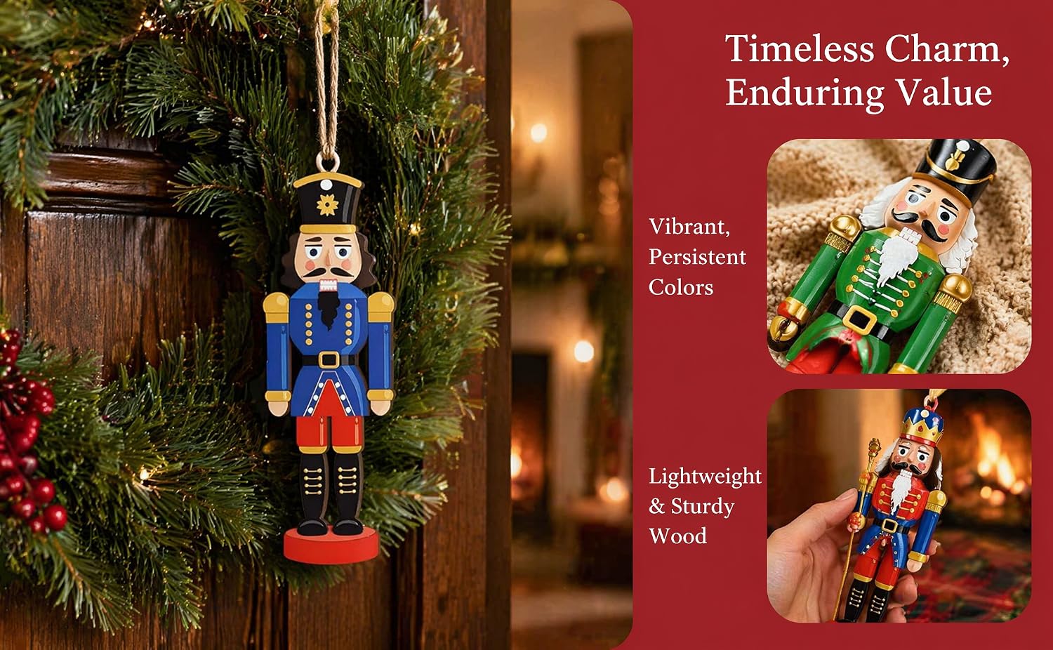 Text reads 'Timeless Charm, Enduring Value' with product images showing blue nutcracker ornament displayed on Christmas tree and held in hand with holiday decorations.