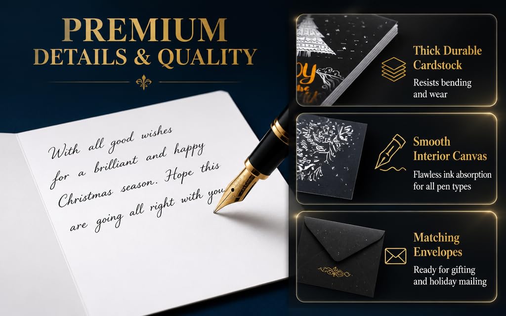 Text reads: 'PREMIUM DETAILS &amp; QUALITY' 'Thick Durable Cardstock' 'Smooth Interior Canvas' 'Matching Envelopes' Stationery set showing handwritten note with fountain pen, black envelopes and matching paper stock.