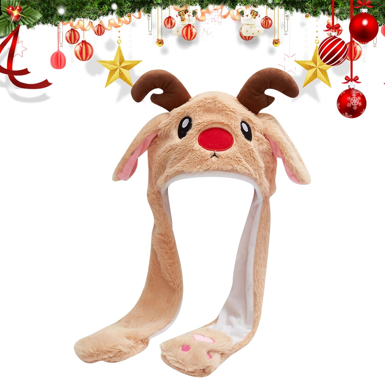 Christmas Moving Ears Hat,Christmas Airbag Caps Reindeer Light Brown,Ear Moving Jumping An…