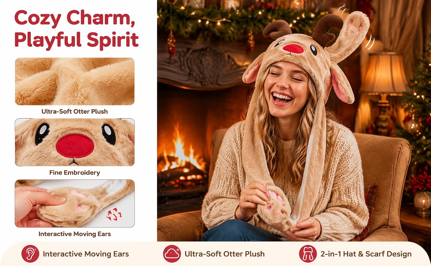 Text reads 'Cozy Charm, Playful Spirit'. Woman wearing beige sweater smiling by fireplace during holiday season. Small product images shown with promotional text indicating 'interactive healing box'.