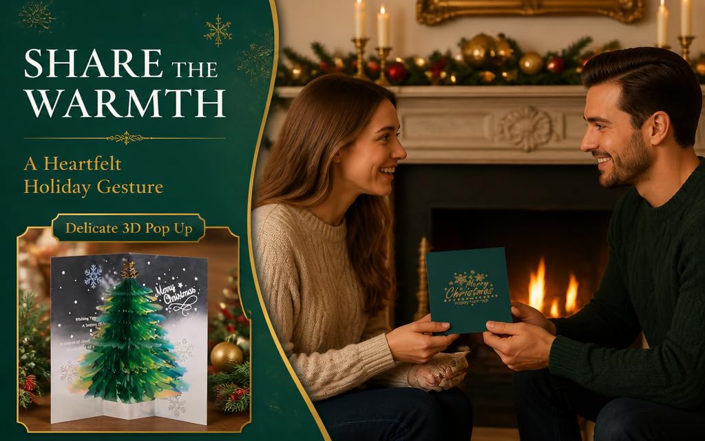 Text reads 'SHARE THE WARMTH', 'A Heartfelt Holiday Gesture', 'Delicious 3D Pop-Up'. Holiday scene featuring two people exchanging a festive pop-up gift card by fireplace.