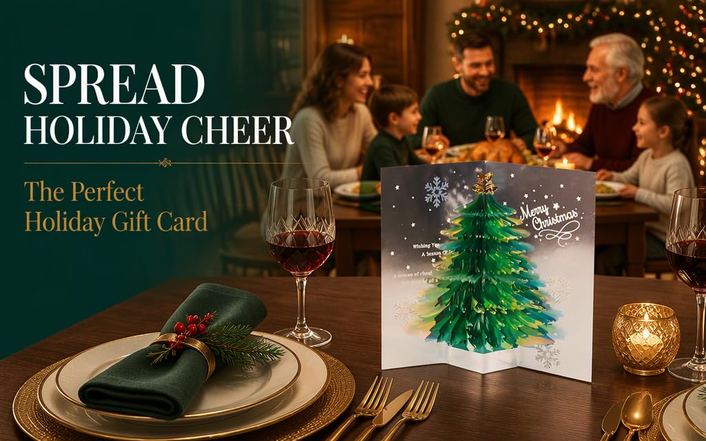 Text reads: 'SPREAD HOLIDAY CHEER' and 'The Perfect Holiday Gift Card'. Split image showing elegant holiday dinner table setting and decorated Christmas tree with warm golden lighting.