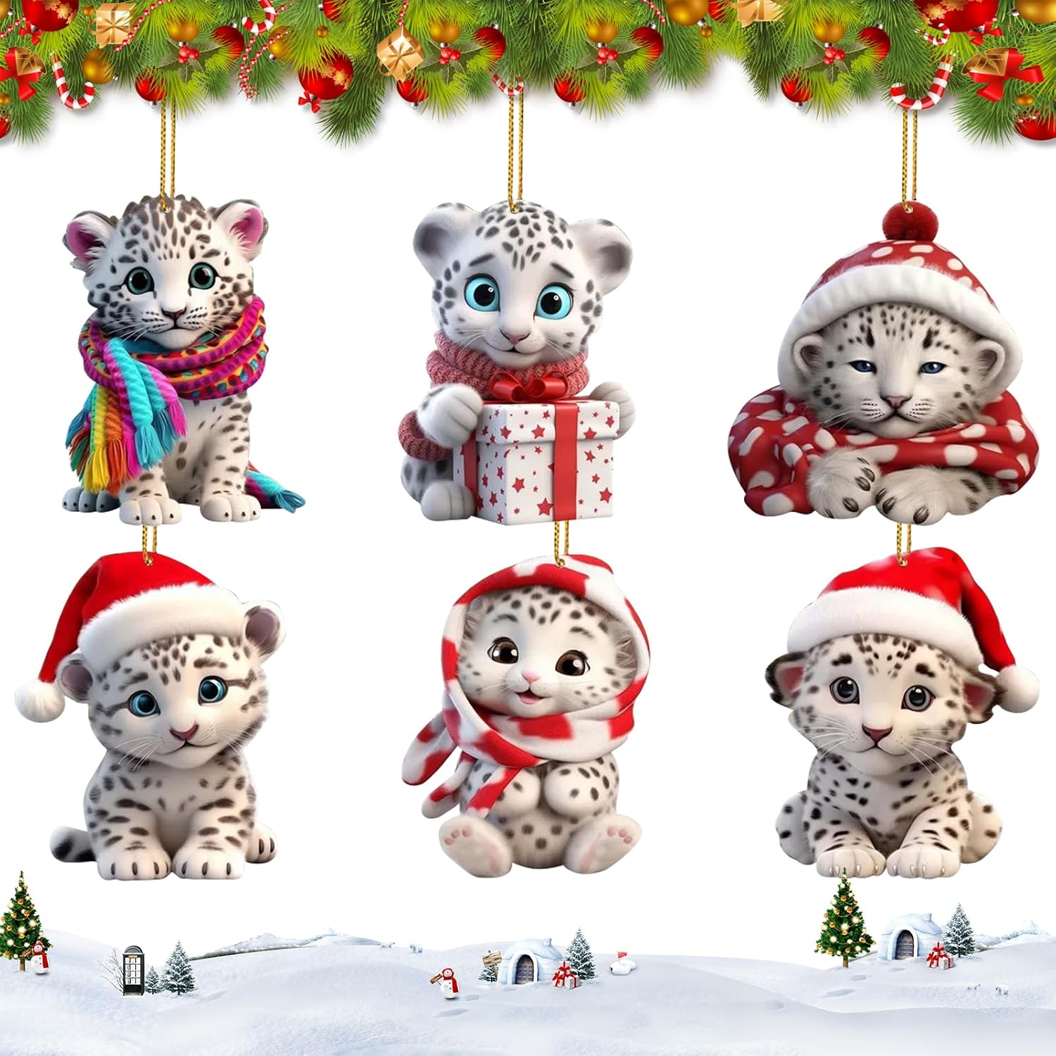 Animal Christmas Ornaments, Snow Leopard Tree Hanging Ornament, Christmas Acrylic Pendant…