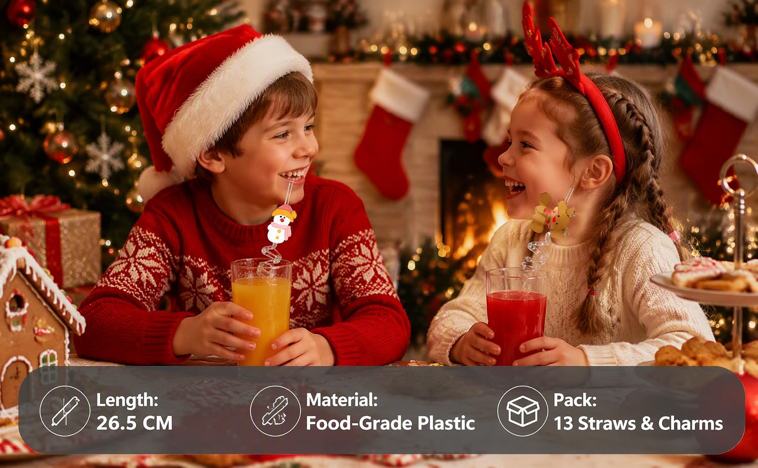 Text reads 'Length: 26.5 CM', 'Material: Food Grade Plastic', 'Pack: 13 Straws &amp; Charms'. Holiday-themed image with children wearing festive attire sharing food. Reusable straw product specifications displayed on festive background.