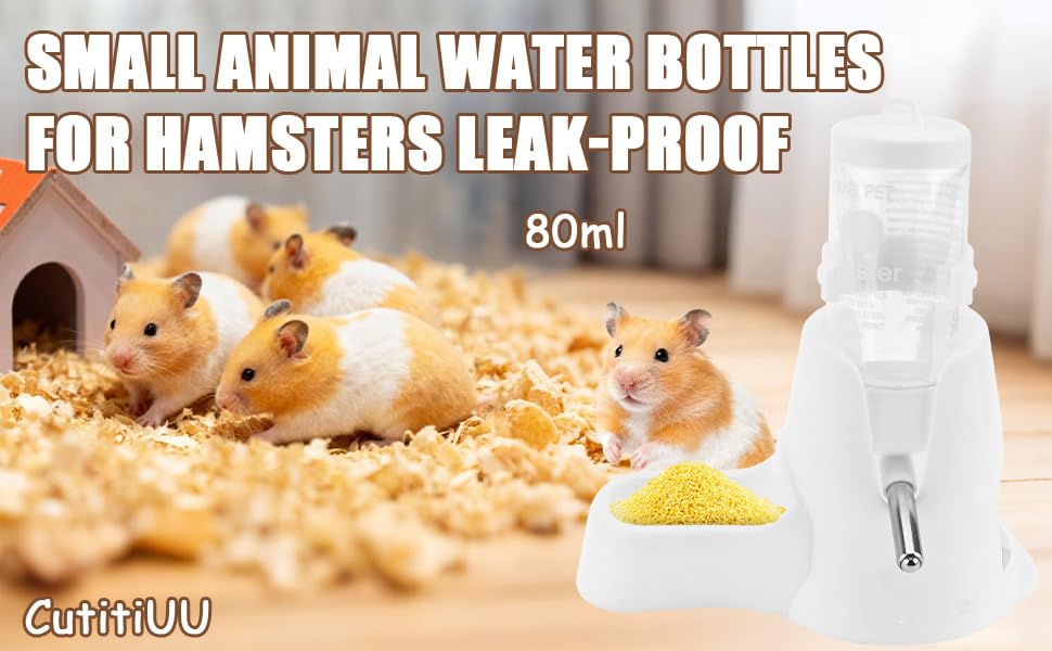 Text reads 'SMALL ANIMAL WATER BOTTLES' and 'FOR HAMSTERS LEAK-PROOF 80ml'. Images showing small pet water bottles with hamsters visible in wood shaving bedding.