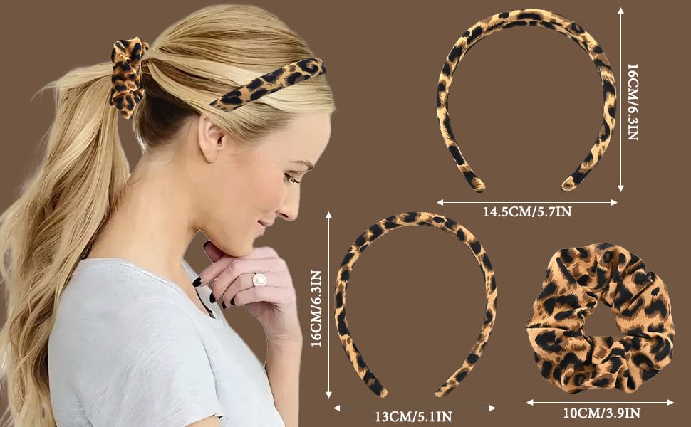 Diagram showing dimensions and pattern of a decorative hair accessory with leopard print design. Measurements indicated for different sections.