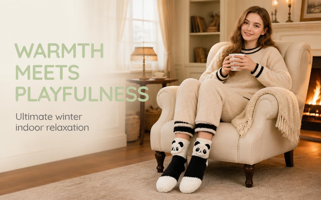 Text reads 'WARMTH MEETS PLAYFULNESS Ultimate winter comfort relaxation'. Woman seated on beige chair wearing oversized cream sweater and striped socks, holding warm beverage indoors.
