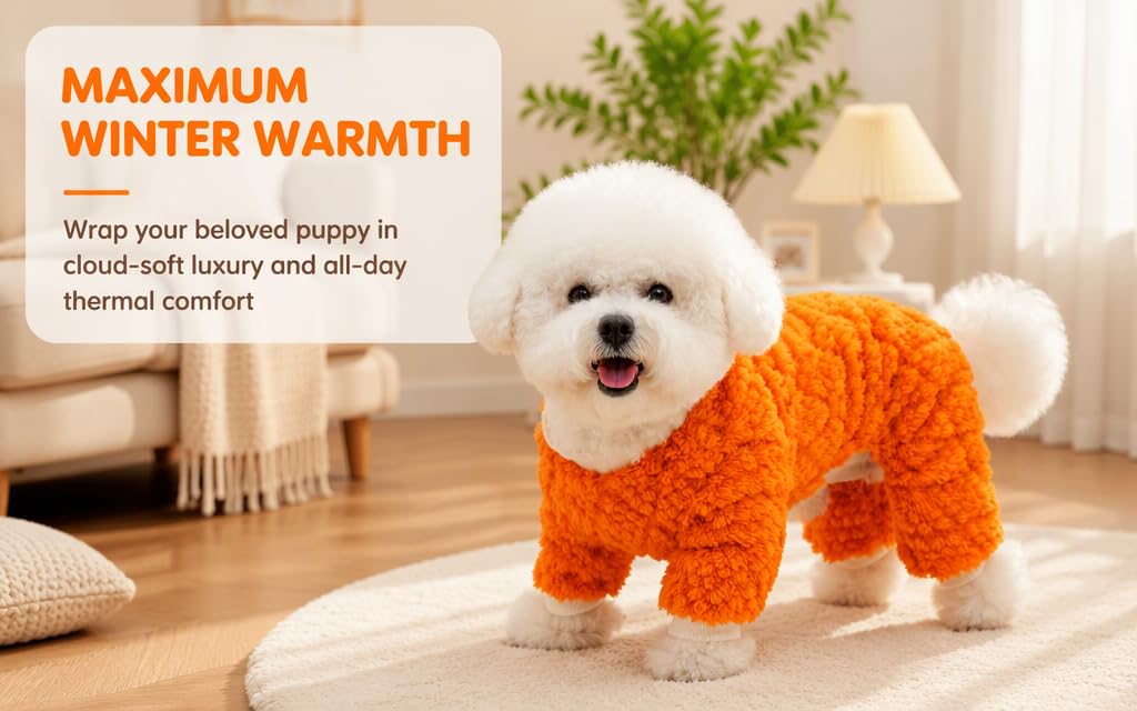 Text reads "MAXIMUM WINTER WARMTH" and "Wrap your beloved puppy in cloud-soft luxury cool all day". Small white dog wearing orange knitted sweater sitting on couch with green plant, demonstrating pet winter apparel.