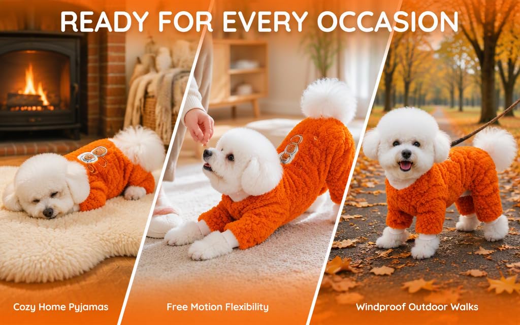 Text reads "READY FOR EVERY OCCASION, Cozy Home Hygiene, Free Motion Flexibility, Windproof Outdoor Walks". Three panels showing small white dogs wearing orange outfits in different settings: home, outdoor, and autumn scenery.