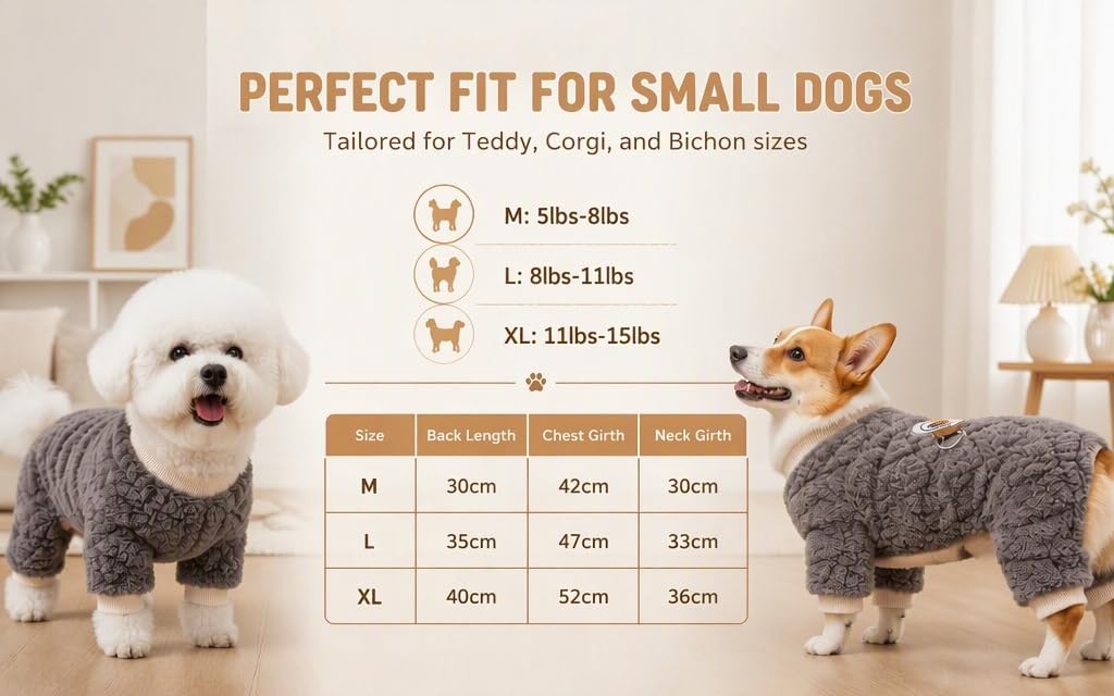 Text reads: 'PERFECT FIT FOR SMALL DOGS', 'Tailored for Teddy, Corgi, and Dachshund', size chart showing 'M: 35cm x 42cm x 38cm', 'L: 38cm x 48cm x 40cm', 'XL: 40cm x 52cm x 44cm'. Small white dog and brown dog wearing gray knit sweaters.