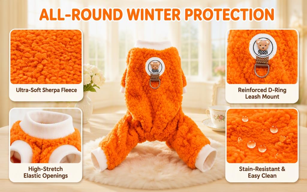 Text reads 'ALL-ROUND WINTER PROTECTION', 'Ultra-Soft Sherpa Fleece', 'High-Stretch Fabric Design', 'Reinforced D-Ring Leash Mount', 'Stain-Resistant &amp; Easy to Clean'. Image shows orange pet winter coat with sherpa lining, demonstrating protective features and water-resistant properties.