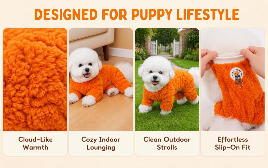 Text reads 'DESIGNED FOR PUPPY LIFESTYLE' with four feature labels: 'Cloud-Like Warmth', 'Cozy Indoor Lounging', 'Clean Outdoor Strolls', 'Effortless Slip-On Fit'. Orange puppy clothing items displayed on small dogs and standalone garments.