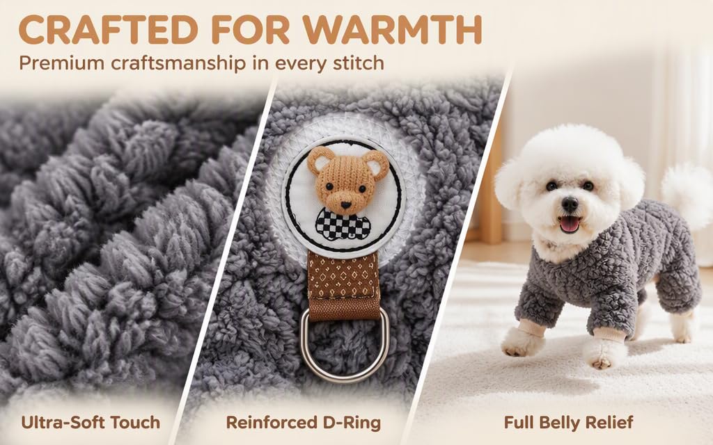 Text reads 'CRAFTED FOR WARMTH', 'Premium craftsmanship in every stitch', 'Ultra Soft Touch', 'Reinforced D-Ring', 'Full Belly Relief'. Pet clothing item in gray with close-up details and product features highlighted.