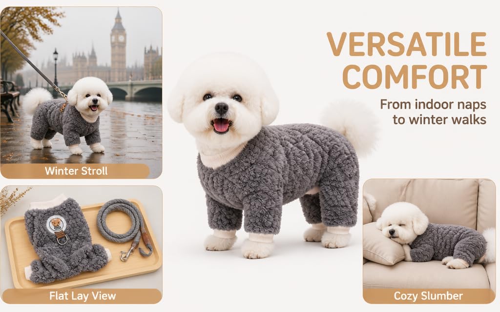 Text reads "VERSATILE COMFORT From indoor walks to winter walks." White fluffy dog wearing gray knitted sweater shown from multiple angles. Labels include "Winter Stroll," "Flat Lay View," and "Cozy Slumber." Dog clothing displayed on pet.