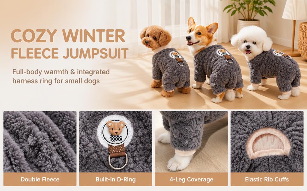 Text reads "COZY WINTER FLEECE JUMPSUIT", "Full-body warmth &amp; integrated harness ring for small dogs." Four detail panels showing fabric texture, built-in D-ring, leg coverage, and elastic cuffs on charcoal-gray pet jumpsuit.