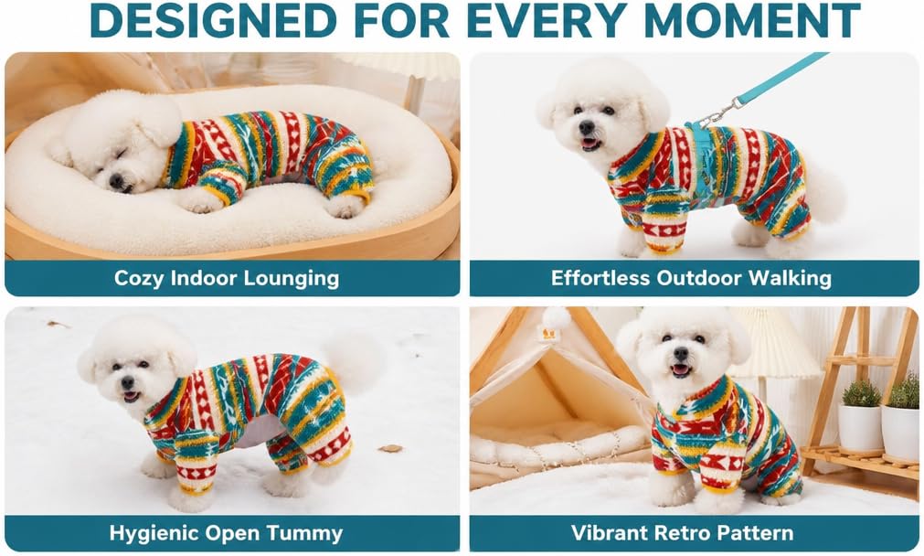 Text reads 'DESIGNED FOR EVERY MOMENT' with four sections: 'Cozy Indoor Lounging', 'Effortless Outdoor Washing', 'Hygienic Open Tummy', 'Vibrant Retro Pattern'. Colorful striped pet garment shown on white dog and in beige bed.