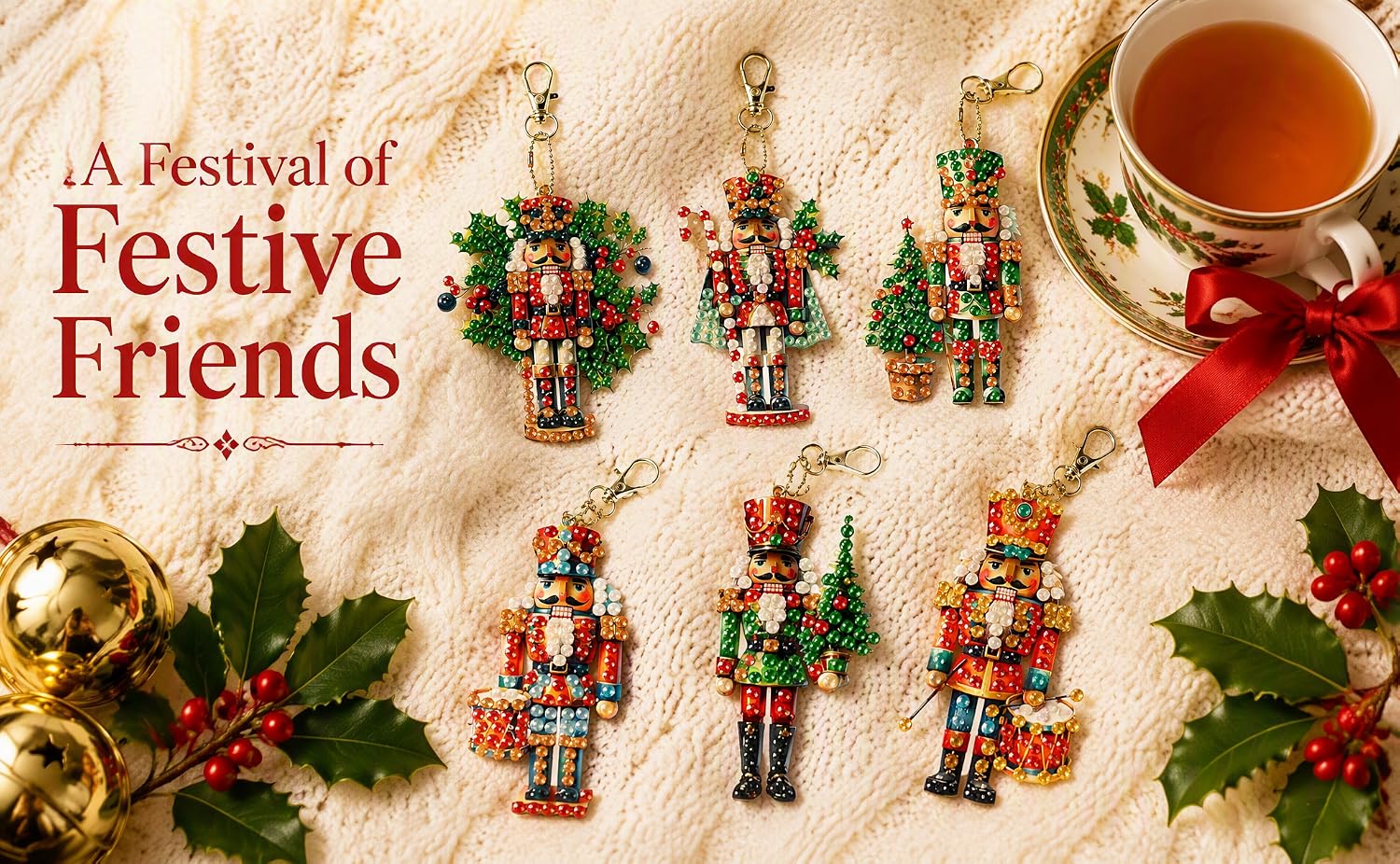 Text reads "A Festival of Festive Friends". Overhead flat lay showing decorative holiday figurines and ornaments arranged with fresh greenery, gold accents, and tea cup on cream background.