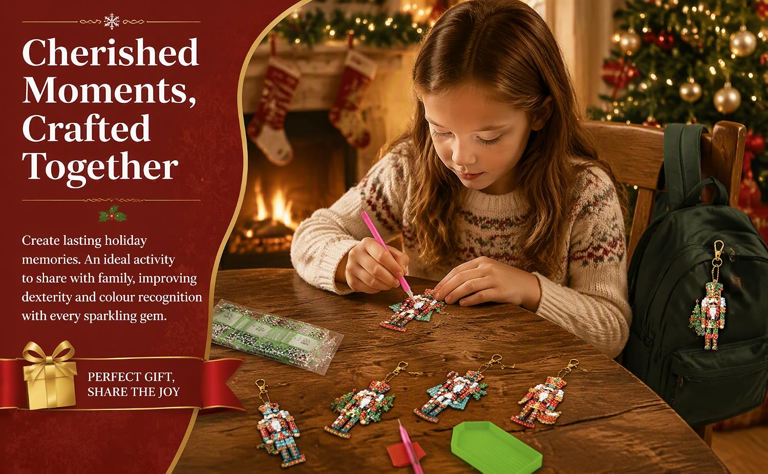 Text reads "Cherished Moments, Crafted Together" with tagline "Charm bracelets, bracelets, gifts worth sharing, a multi-generational treasure that reads like a diary. Celebrate a lifetime of shared moments together." Child assembling charm bracelet with beads and tools near decorated Christmas tree.
