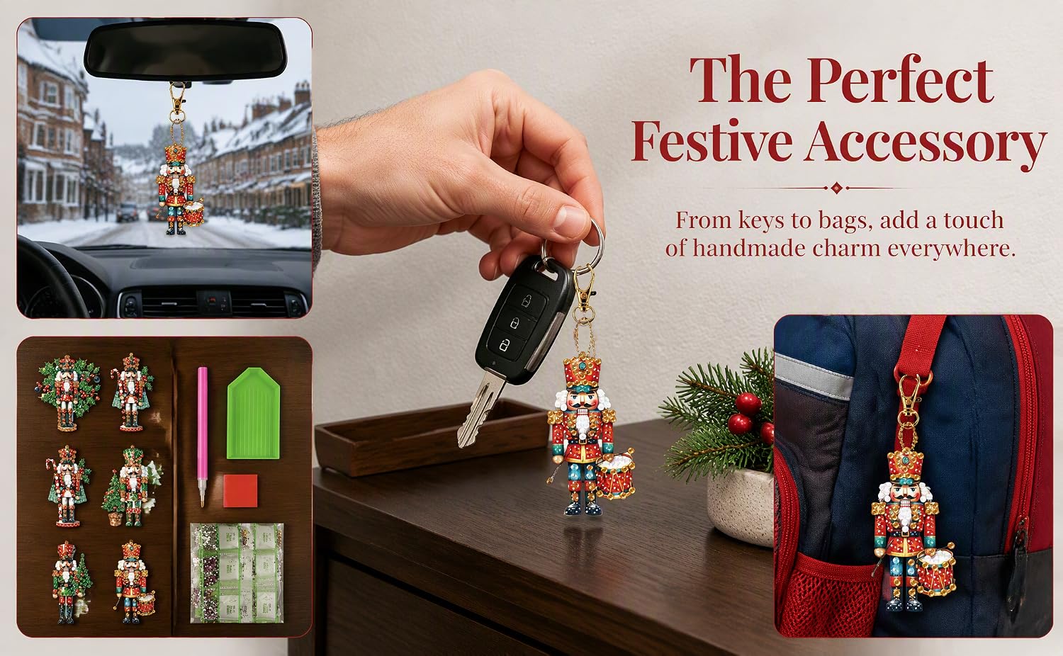 Text reads "The Perfect Festive Accessory" and "From key chains to bags, add a touch of handmade charm everywhere.". Hand holding black charm or ornament with holiday-themed decorative items and red gift bag displayed on wooden surface.