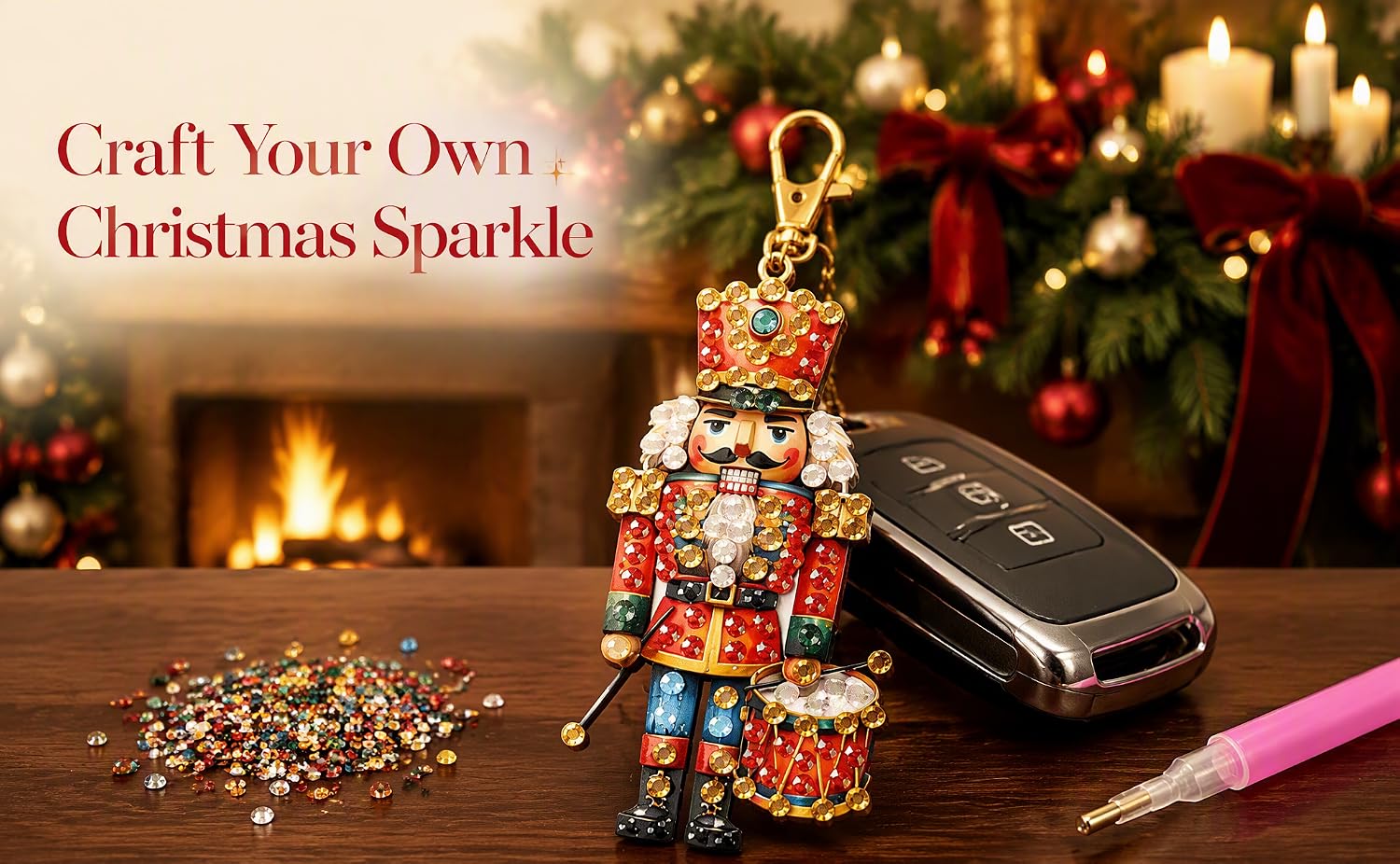Text reads 'Craft Your Own Christmas Sparkle'. Colorful beaded Christmas ornament next to black remote control, surrounded by scattered crystal beads and pink marker on wooden surface with festive background.