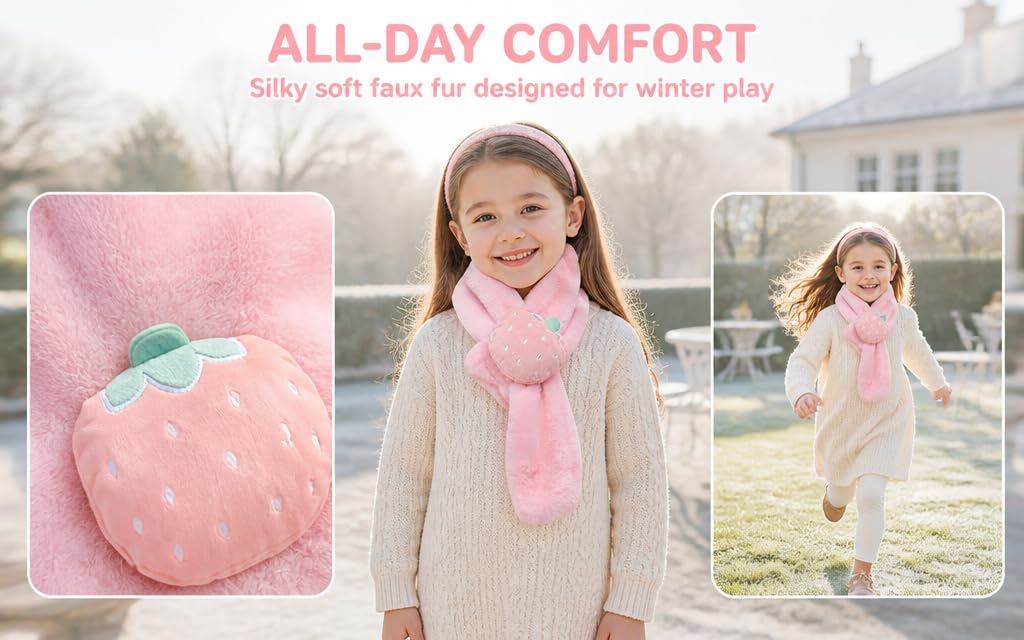 Text reads "ALL-DAY COMFORT" and "Silky soft faux fur designed for winter play." Pink faux fur scarf with rainbow cloud design displayed on child wearing cream cardigan and pink scarf; additional child shown wearing matching outfit outdoors.