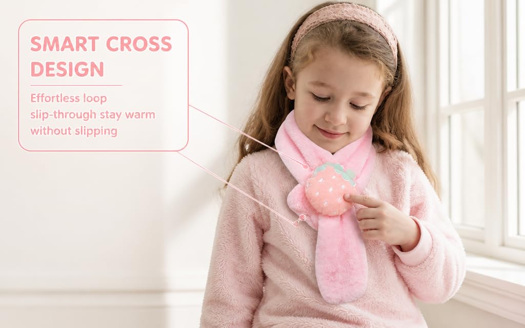 Text reads 'SMART CROSS DESIGN' with additional text about product features. Young girl wearing pink knit cardigan with oversized cross-pattern design and coordinating pink scarf, demonstrating garment fit.
