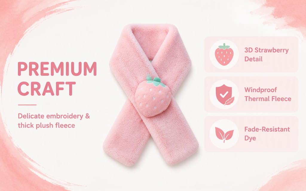 Text reads 'PREMIUM CRAFT Delicate embroidery &amp; mini plush fleece' with icons for 'Strawberry Scented', 'Enclosed Scent Sachet', 'Cute Resistant Zip'. Pink knit scarf with plush trim shown.