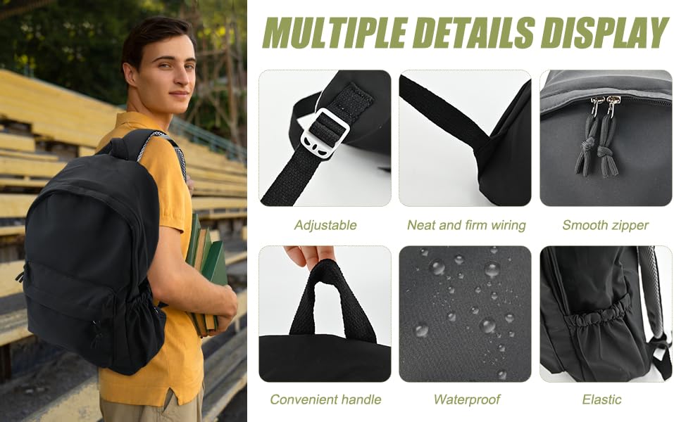 Text reads 'MULTIPLE DETAILS DISPLAY'. Series of product detail shots showing backpack features including zippers, straps, and water-resistant material demonstrations.