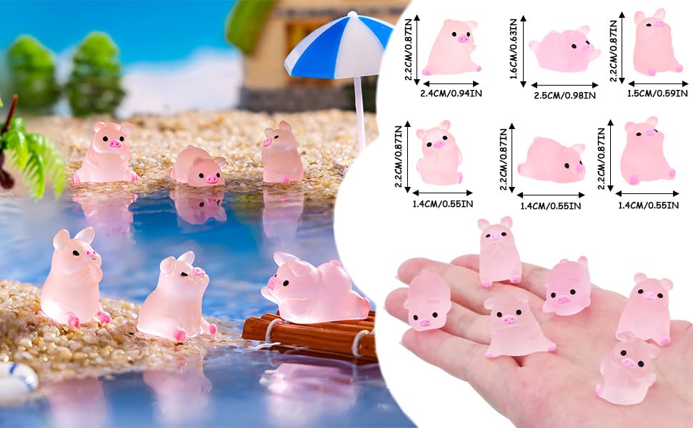 Miniature pink pig figurines displayed in beach scene and size chart. Pigs shown in water, on sand, and grouped together. Umbrella and foliage visible in background.