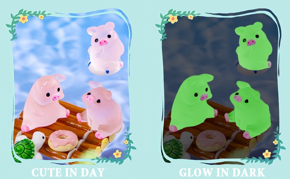 Split image of cartoon-style animal figures. Left side shows pink figures in daylight, right side shows green glow-in-the-dark versions. Decorative floral elements frame the scenes.