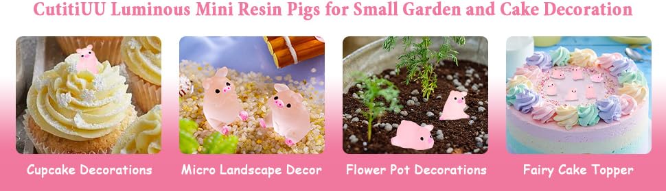 Set of miniature pink pig figurines for garden and cake decorating. Images show pigs on cupcakes, in miniature landscapes, flower pots, and as cake toppers.
