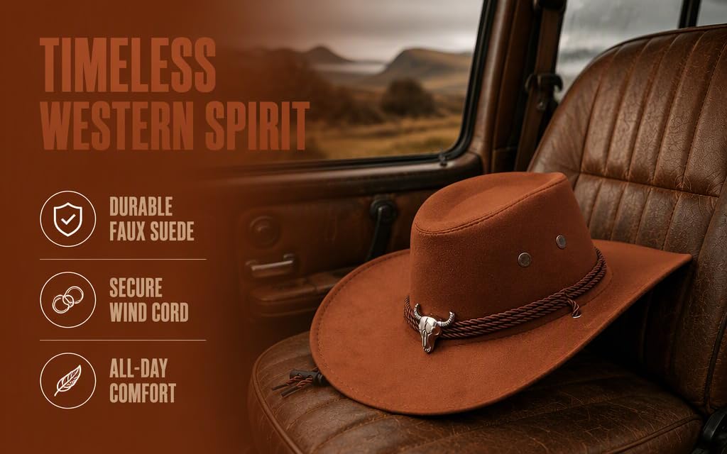 Text reads 'TIMELESS STYLE MEETS COMFORT' with additional icons showing 'DURABLE MATERIAL', 'DESERT INSPIRED', 'ALL-DAY COMFORT'. Tan/caramel colored cowboy hat displayed against desert landscape background with vehicle interior visible.