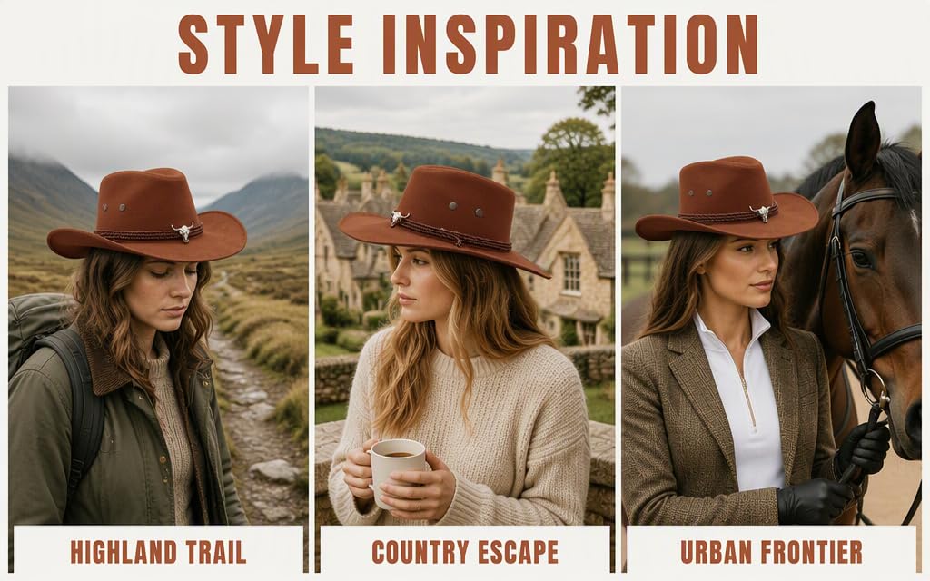 Text reads "STYLE INSPIRATION" with three labeled fashion scenes: "HIGHLAND TRAIL", "COUNTRY ESCAPE", "URBAN FRONTIER". Images show models wearing brown/tan cowboy hats and western-inspired clothing in rural and urban settings.