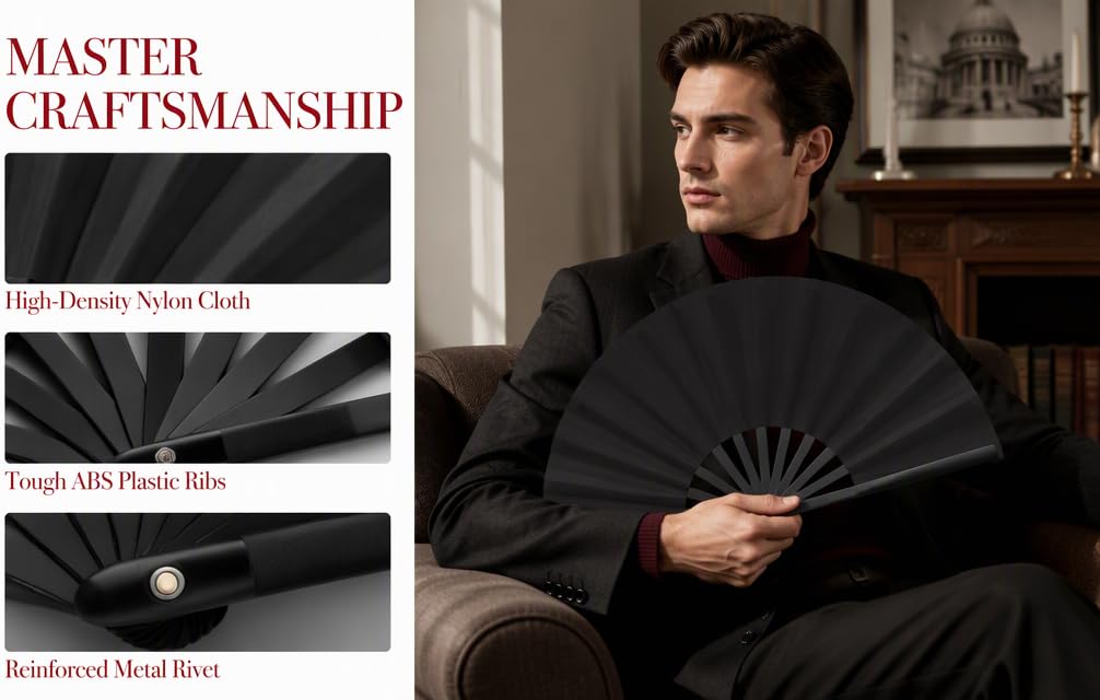 Text reads 'MASTER CRAFTSMANSHIP' with product details 'Hand Forged Solid Steel', 'Stainless Steel Handle Bras', 'Blackened Steel Rivets'. Black folding fan held by man in dark clothing indoors showing craftsmanship.