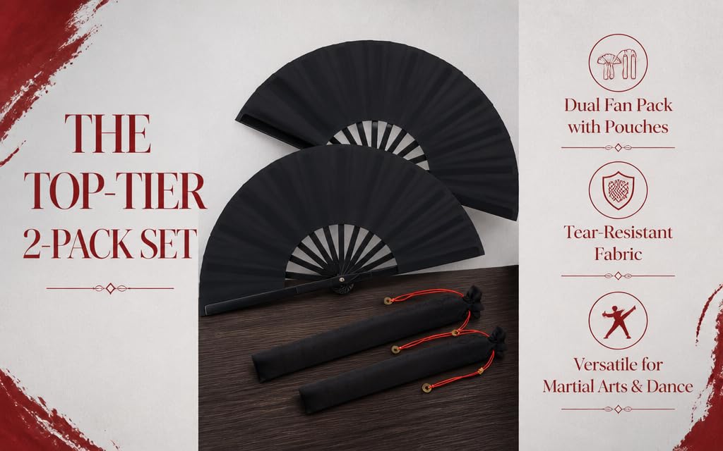 Text reads "THE TOP-TIER 2 PACK SET" and "Dual Fan Pack with Pouch, Fabric: Silk &amp; Nylon, Material: Wooden and Metal". Black folding fans displayed with product packaging on red and white background.