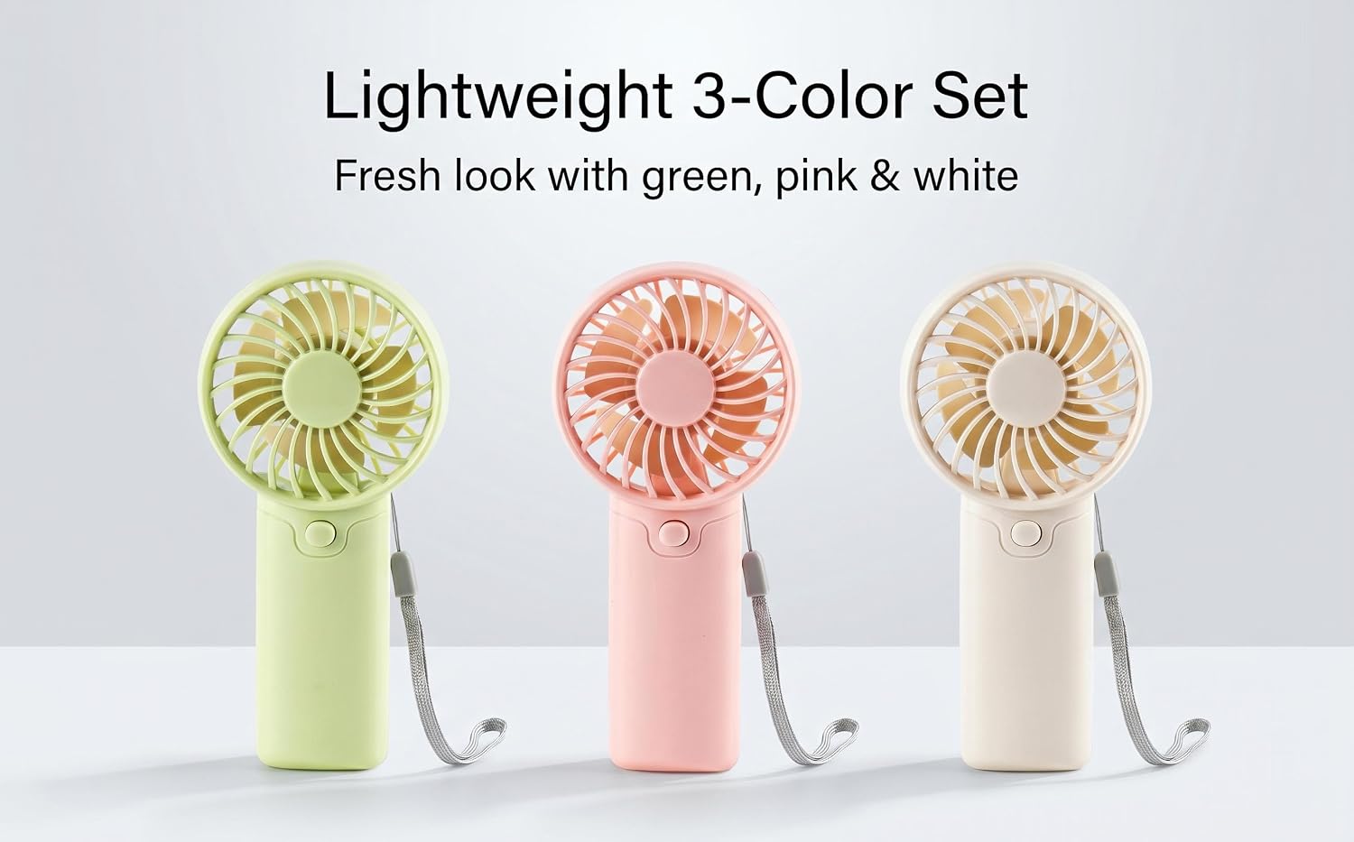 Text reads 'Lightweight 3-Color Set' and 'Fresh look with green, pink &amp; white'. Three portable handheld fans in pastel green, pink, and cream displayed in a row.