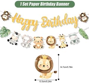 Text reads 'Happy Birthday' on a safari-themed banner with cute cartoon animal faces including lion, panda, and other jungle animals. Measurement details shown.