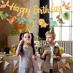 Text reads 'Happy Birthday'. Festive party setting with gold lettering decoration and green foliage accents visible in background.