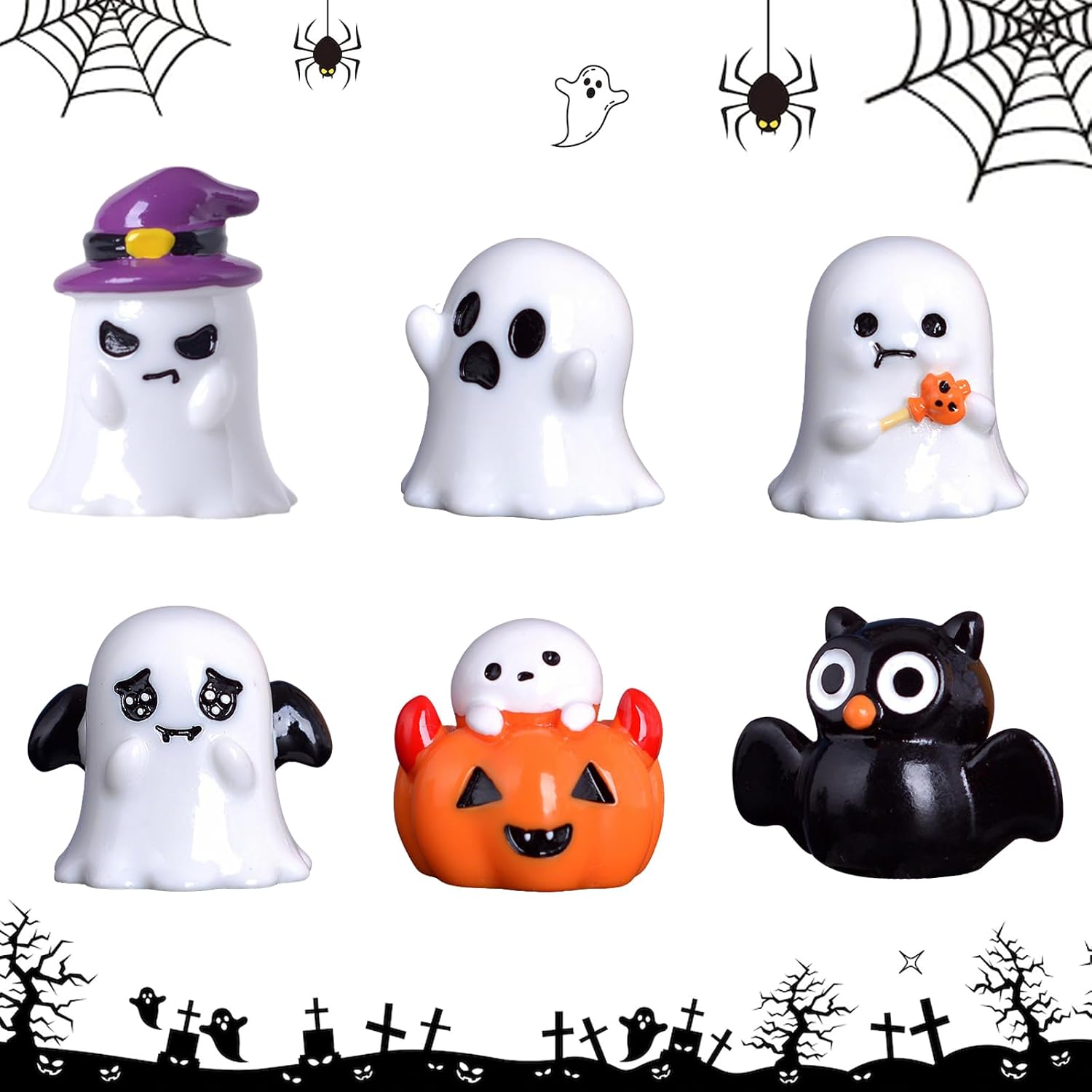 6 PCS Halloween Miniature Ornament, Cute Ghost Statue, Wizard Hat Pumpkin Craft Decoration…