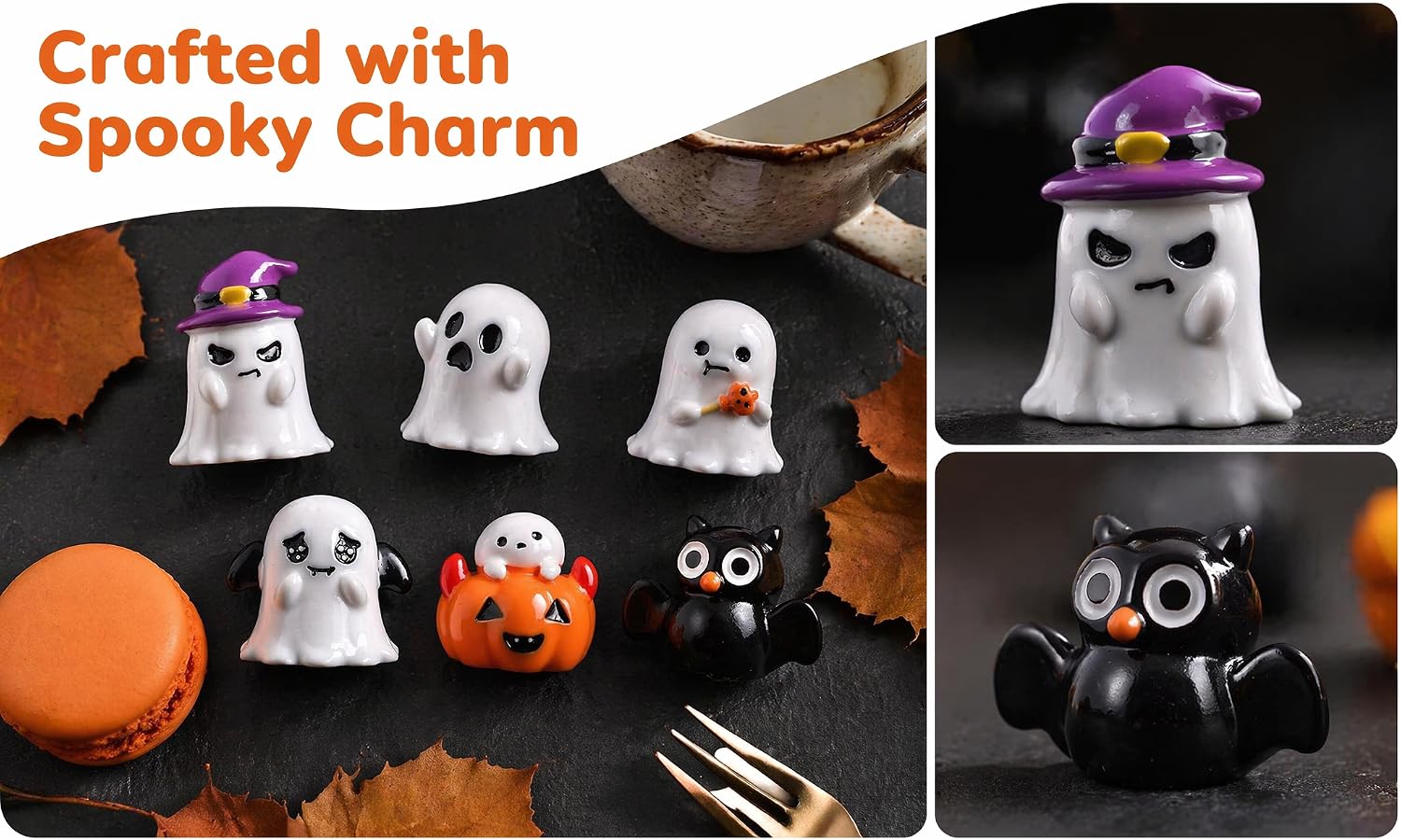Text reads 'Crafted with Spooky Charm.' Halloween-themed decorative items including ghost figurines wearing hats, pumpkin, bat, and other festive ornaments displayed on dark surface.