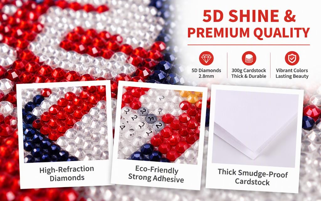 Text reads '5D SHINE &amp; PREMIUM QUALITY' with icons for 'Premium Fiber Material', 'Strong Adhesive', 'Thick Smudge-Proof Eyelash'. Red, white, and navy patterned lash product shown in multiple close-up views.